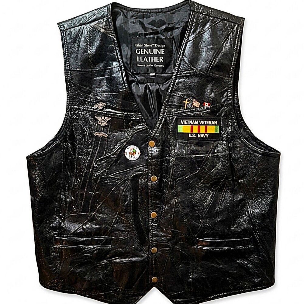 Navarre Genuine Patchwork Leather Biker Vest XL US Navy Vet Patches + Pins | EUC
